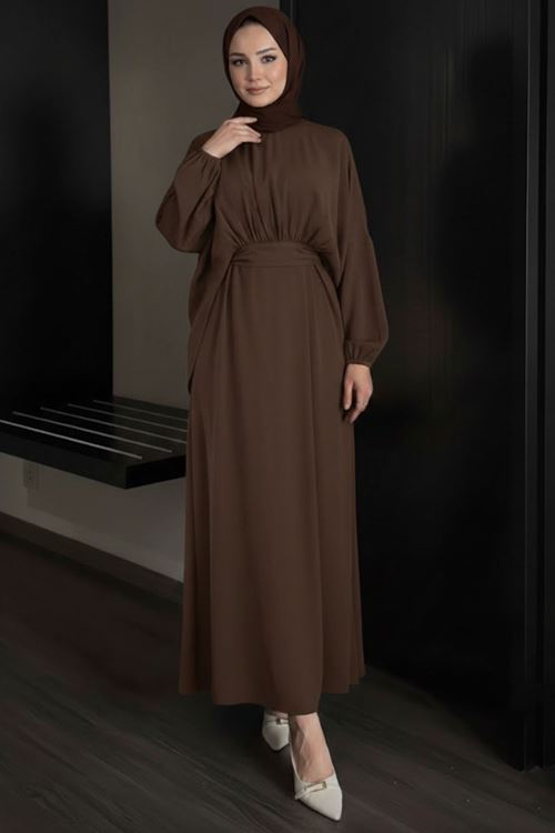 Bağlamalı İkili Elbise-Kahve