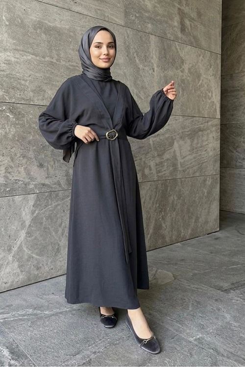 Önden Bağlamalı Aksesuar Detay İkili Elbise-Antrasit