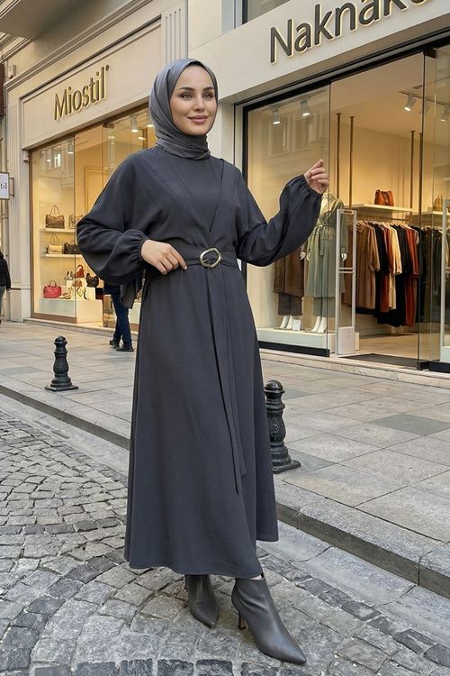 Önden Bağlamalı Aksesuar Detay İkili Elbise-Antrasit