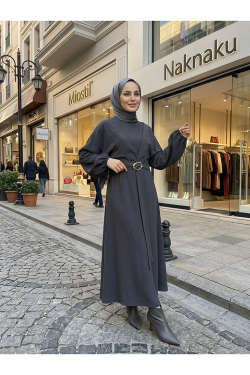 Önden Bağlamalı Aksesuar Detay İkili Elbise-Antrasit