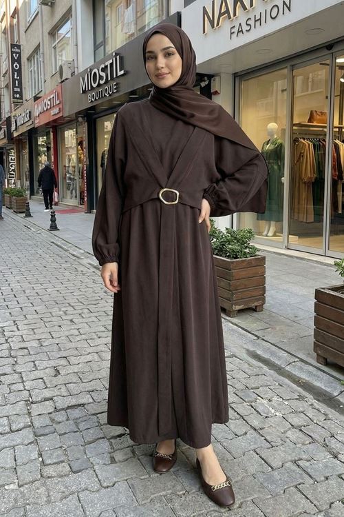 Önden Bağlamalı Aksesuar Detay İkili Elbise-Kahve