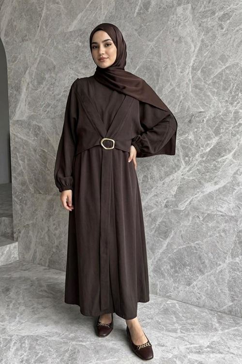 Önden Bağlamalı Aksesuar Detay İkili Elbise-Kahve