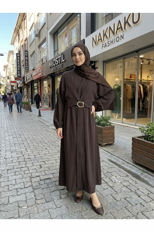 Önden Bağlamalı Aksesuar Detay İkili Elbise-Kahve
