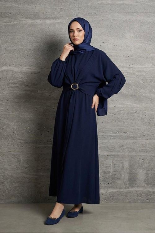 Önden Bağlamalı Aksesuar Detay İkili Elbise-Lacivert