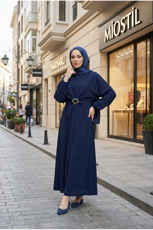 Önden Bağlamalı Aksesuar Detay İkili Elbise-Lacivert