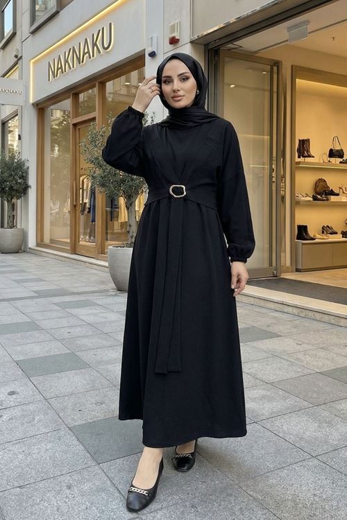 Önden Bağlamalı Aksesuar Detay İkili Elbise-Siyah