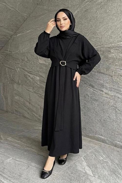 Önden Bağlamalı Aksesuar Detay İkili Elbise-Siyah