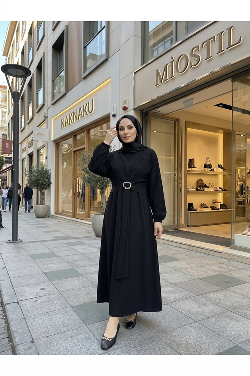 Önden Bağlamalı Aksesuar Detay İkili Elbise-Siyah