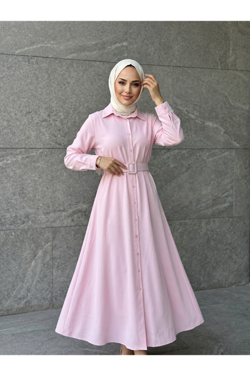 Kaplama Kemer Detay Elbise-Pembe