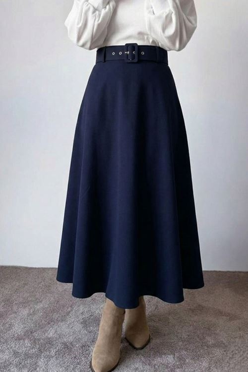 Kemerli Kloş Etek-Lacivert