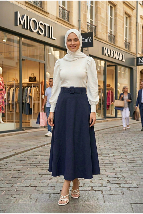 Kemerli Kloş Etek-Lacivert