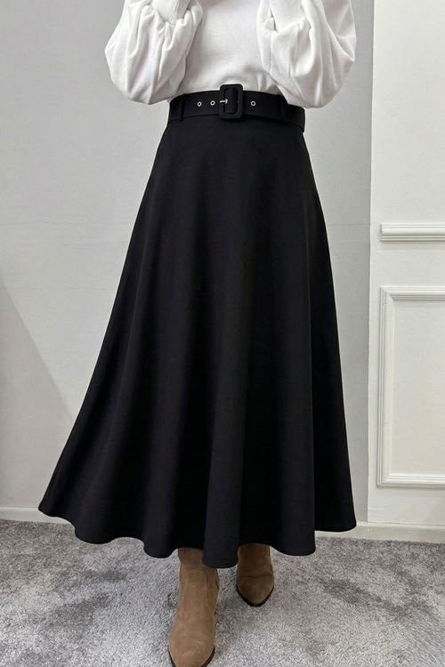 Kemerli Kloş Etek-Siyah