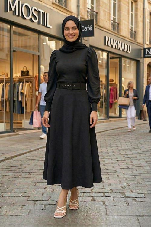 Kemerli Kloş Etek-Siyah