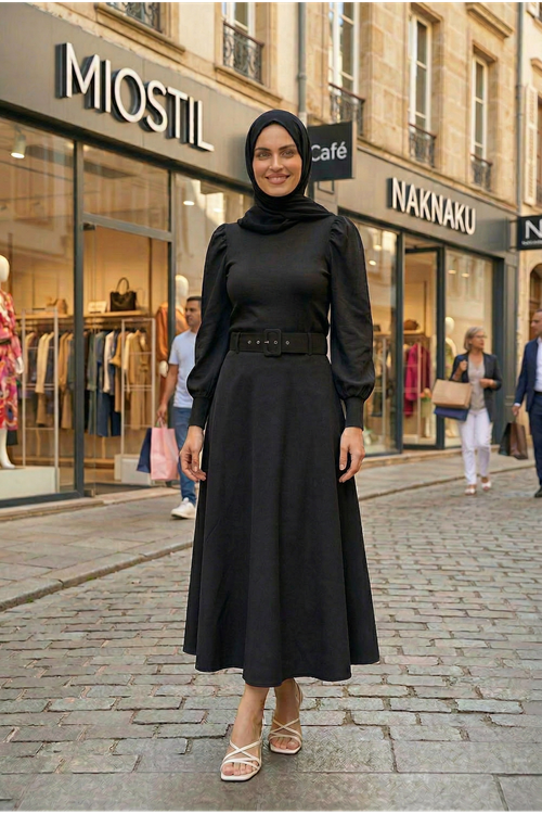 Kemerli Kloş Etek-Siyah