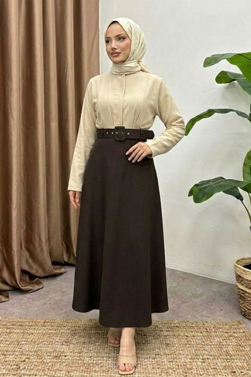 Kemerli Kloş Etek-Kahve