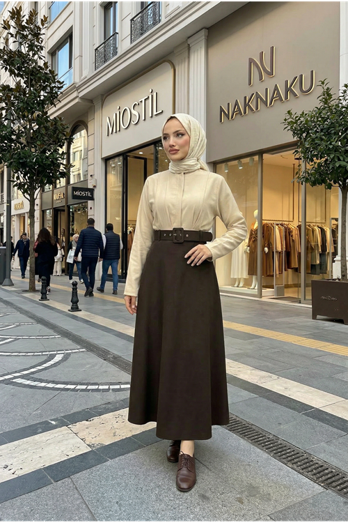 Kemerli Kloş Etek-Kahve