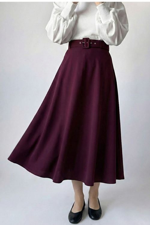 Kemerli Kloş Etek-Bordo