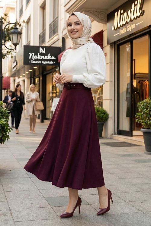 Kemerli Kloş Etek-Bordo