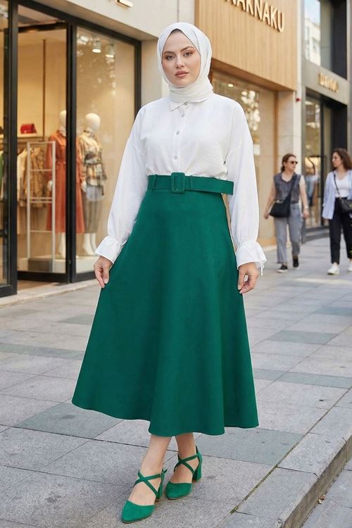 Kemerli Kloş Etek-Zümrüt Yeşili