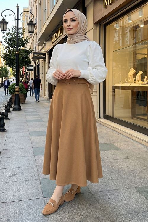 Kemerli Kloş Etek-Karamel