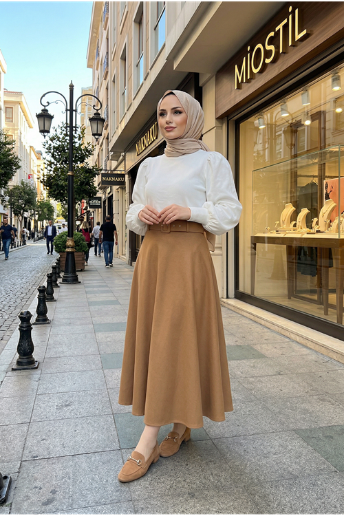 Kemerli Kloş Etek-Karamel