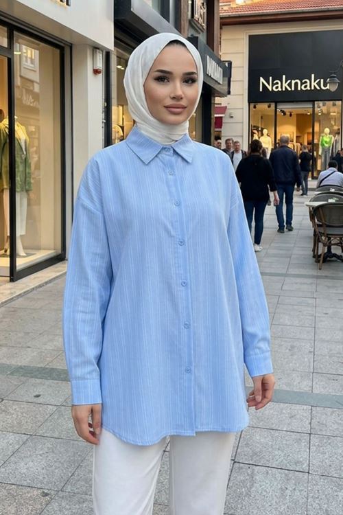 Kendinden Çizgili Tunik-Mavi