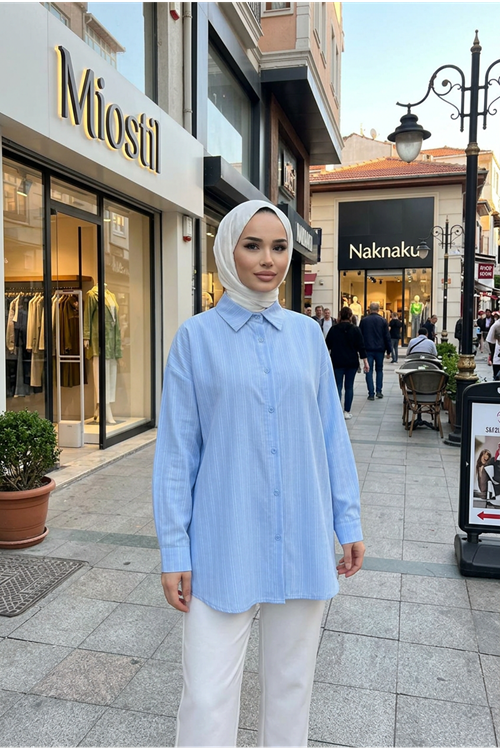 Kendinden Çizgili Tunik-Mavi