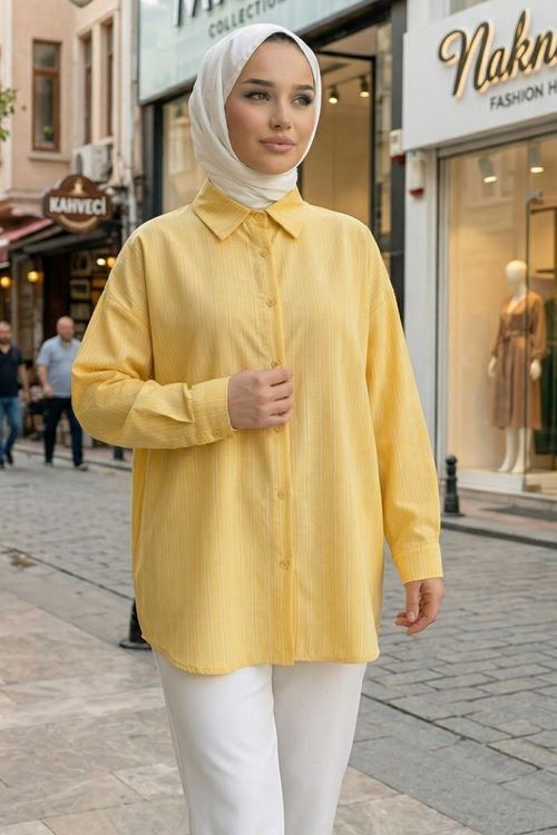 Kendinden Çizgili Tunik-Sarı