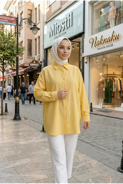 Kendinden Çizgili Tunik-Sarı