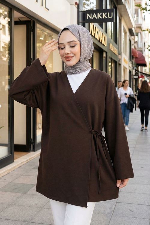 Yan Bağlamalı Atlas Tunik-Kahve