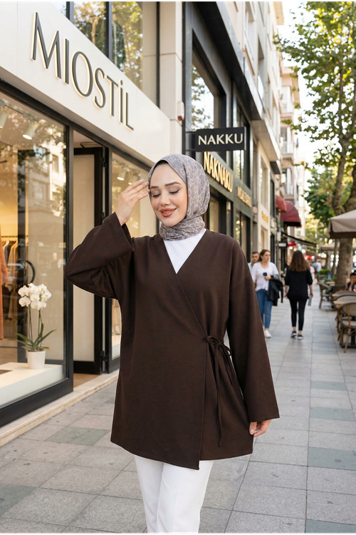 Yan Bağlamalı Atlas Tunik-Kahve