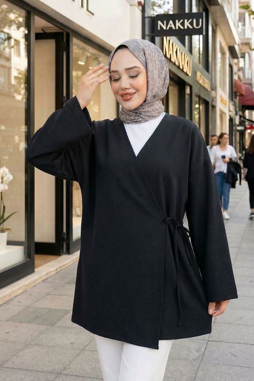 Yan Bağlamalı Atlas Tunik-Siyah