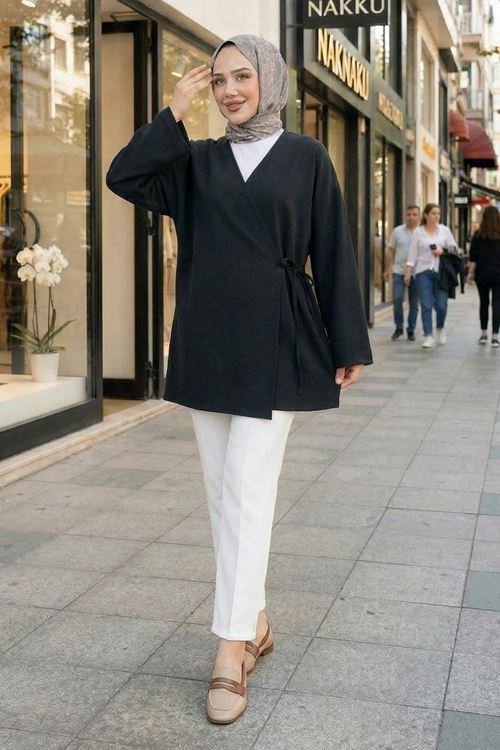 Yan Bağlamalı Atlas Tunik-Siyah