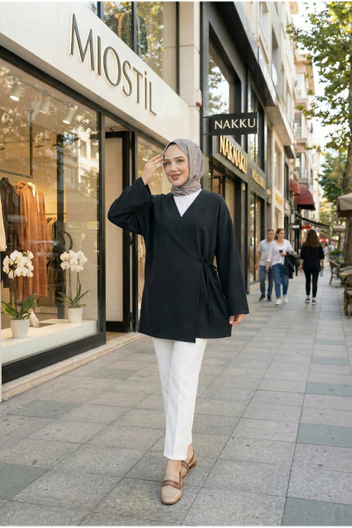 Yan Bağlamalı Atlas Tunik-Siyah