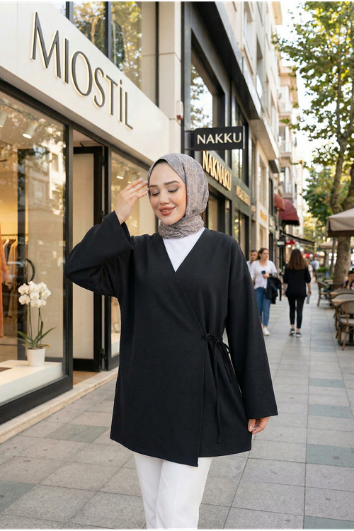 Yan Bağlamalı Atlas Tunik-Siyah