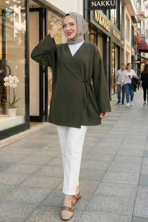 Yan Bağlamalı Atlas Tunik-Haki