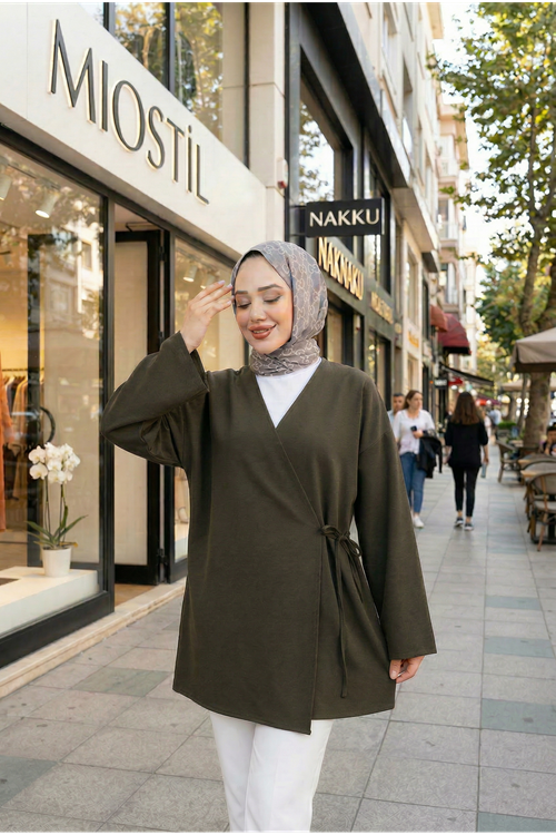 Yan Bağlamalı Atlas Tunik-Haki