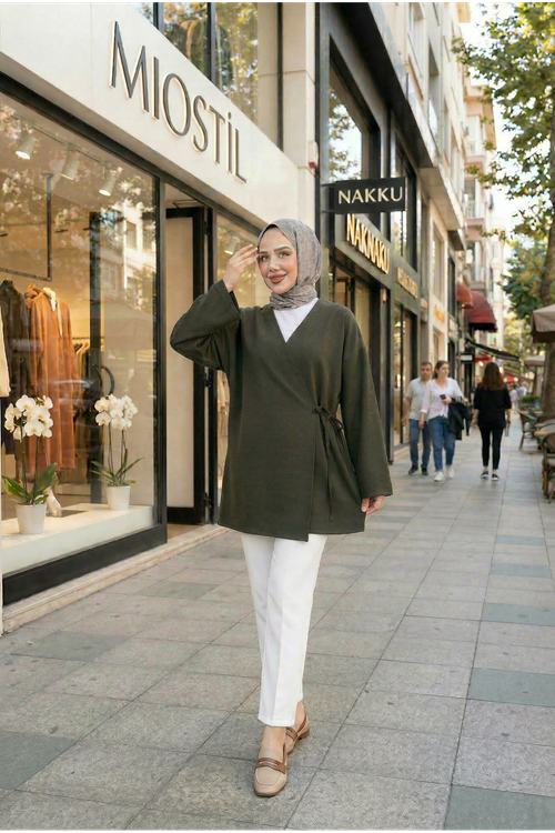 Yan Bağlamalı Atlas Tunik-Haki