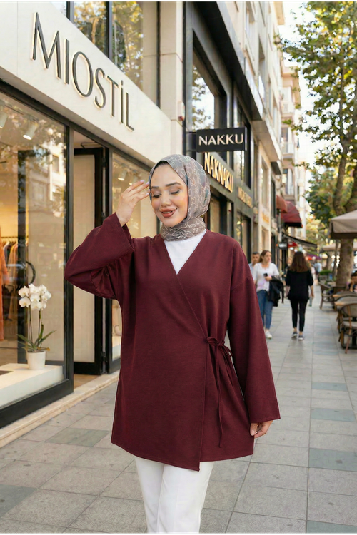 Yan Bağlamalı Atlas Tunik-Bordo
