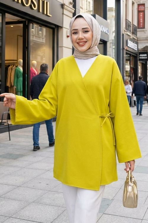 Yan Bağlamalı Atlas Tunik-YAĞ YEŞİLİ