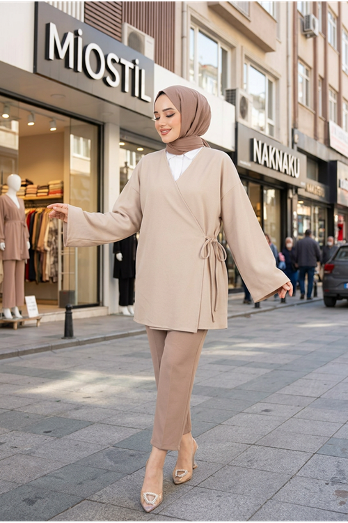 Yan Bağlamalı Atlas Tunik-Taş