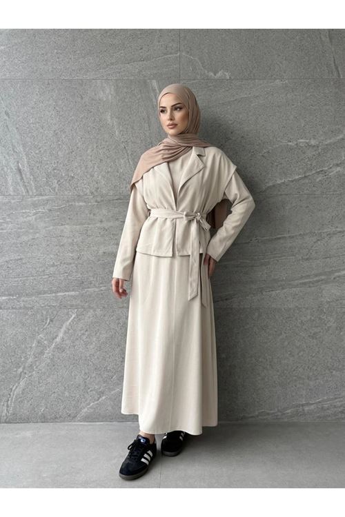 Yelekli İkili Elbise-Taş