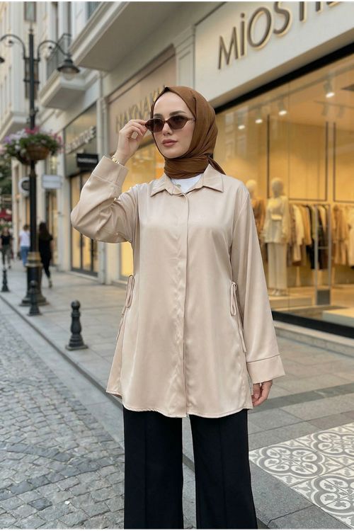 Yan Bağlamalı Saten Tunik-Taş