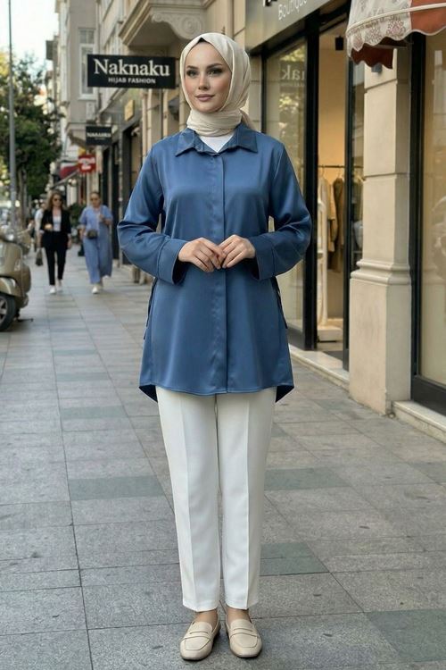 Yan Bağlamalı Saten Tunik-Petrol Mavisi