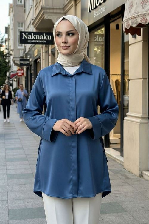 Yan Bağlamalı Saten Tunik-Petrol Mavisi