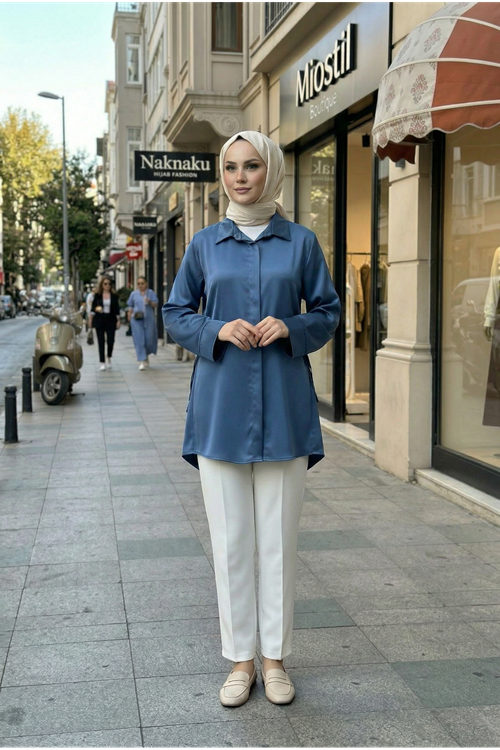 Yan Bağlamalı Saten Tunik-Petrol Mavisi