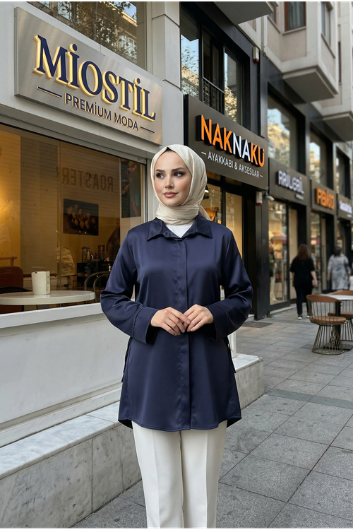 Yan Bağlamalı Saten Tunik-Lacivert