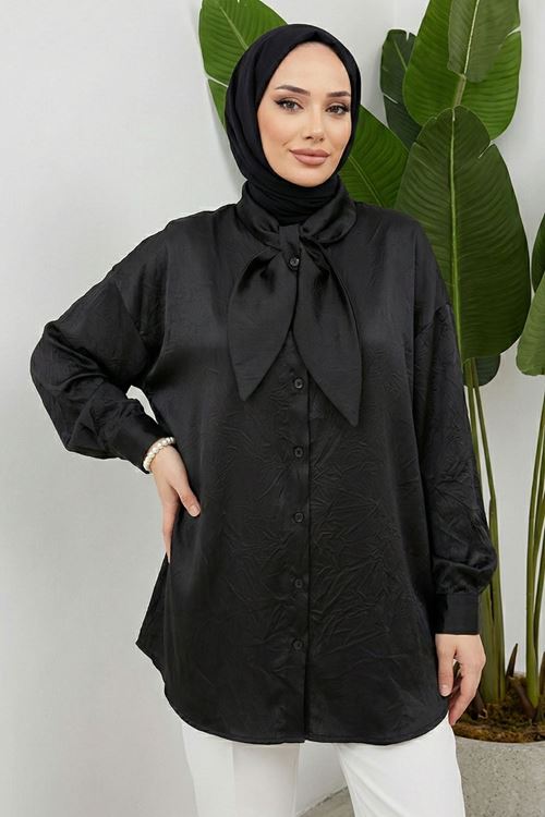 Yaka Detay Saten Tunik-Siyah