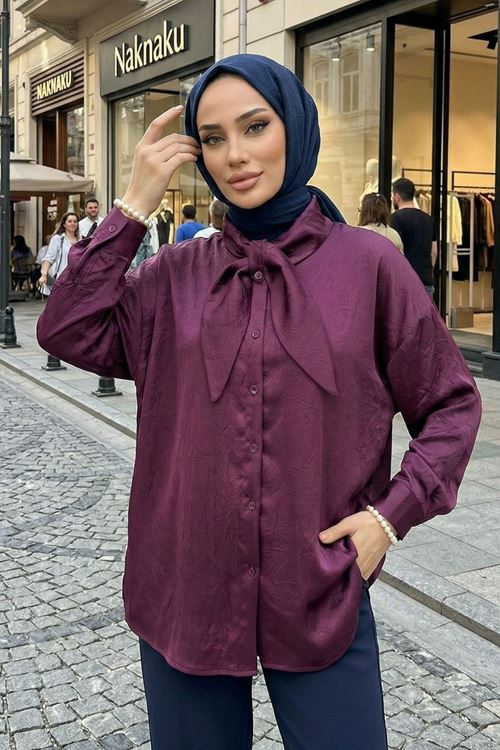 Yaka Detay Saten Tunik-Mürdüm