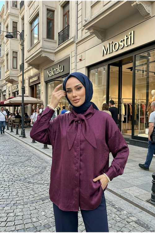 Yaka Detay Saten Tunik-Mürdüm